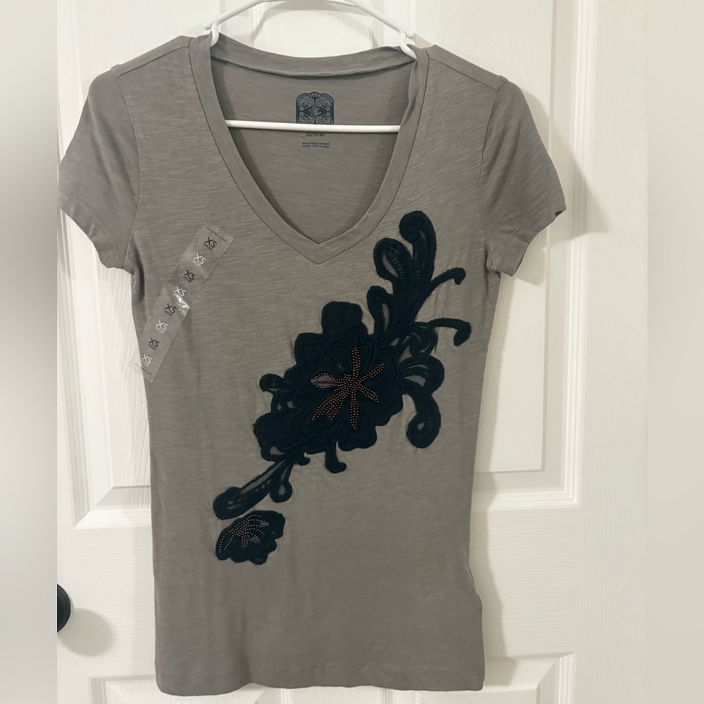 Gray V-Neck Top with navy Floral Design